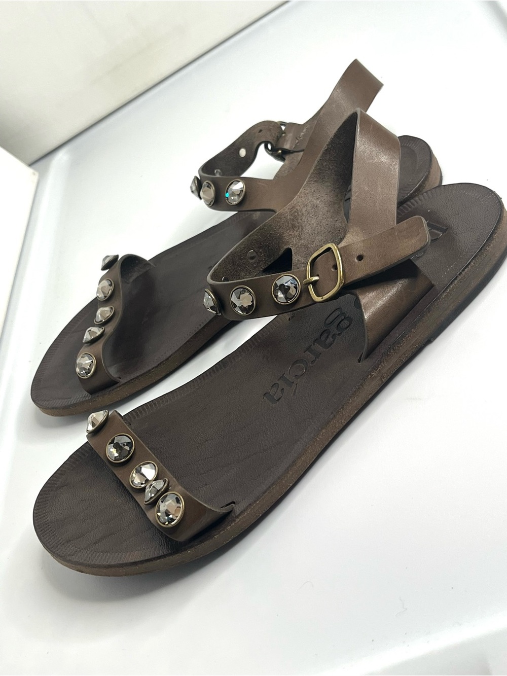 Pedro Garcia Women’s Size 36 (US 5.5-6) Brown Leather Flat Sandals w/ Swarovski